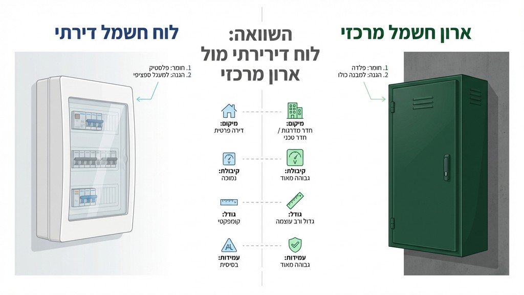 השוואה בין לוח חשמל דירתי ללוח חשמל מרכזי בבניין