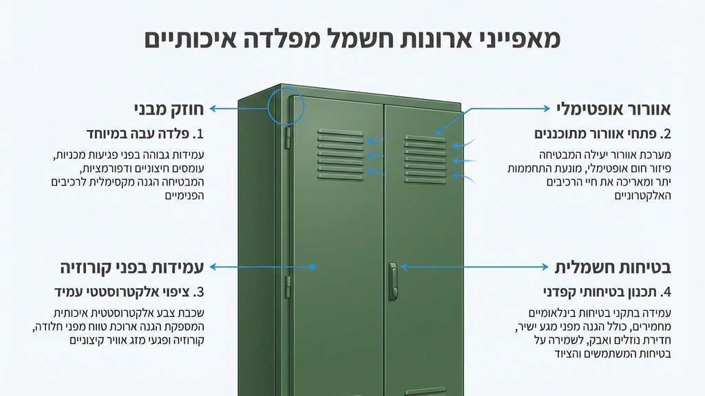 נוצר על ידי מודל בינה מלאכותית Gemini Pro ארון חשמל ממתכת פלדה עם פתחי אוורור ודלתות נעולות