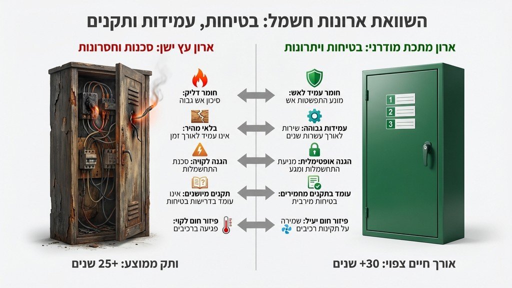 השוואה בין ארון חשמל ישן מעץ לארון מתכת חדש ובטיחותי