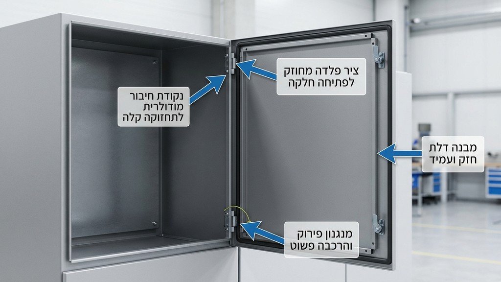 נוצר על ידי מודל בינה מלאכותית Gemini Pro טכנאי מבצע בדיקת תחזוקה לארון חשמל מפח