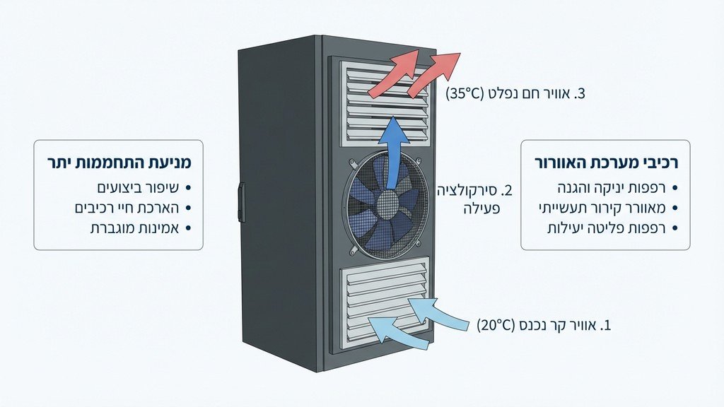 נוצר על ידי מודל בינה מלאכותית Gemini Pro מערכות אוורור וקירור מתקדמות בתוך ארון חשמל מתכתי