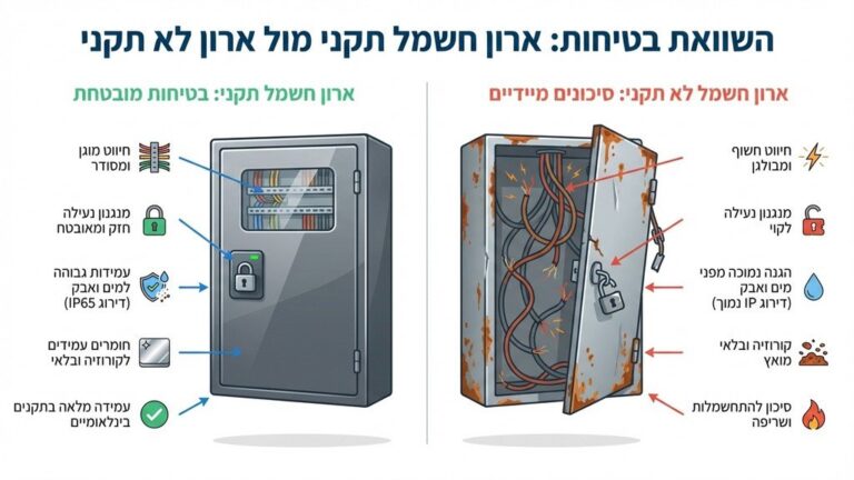 ארון חשמל מתכתי בטיחותי וסגור בחדר מדרגות