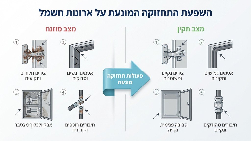 נוצר על ידי מודל בינה מלאכותית Gemini Pro בדיקת צירים ונעילה של דלת ארון חשמל