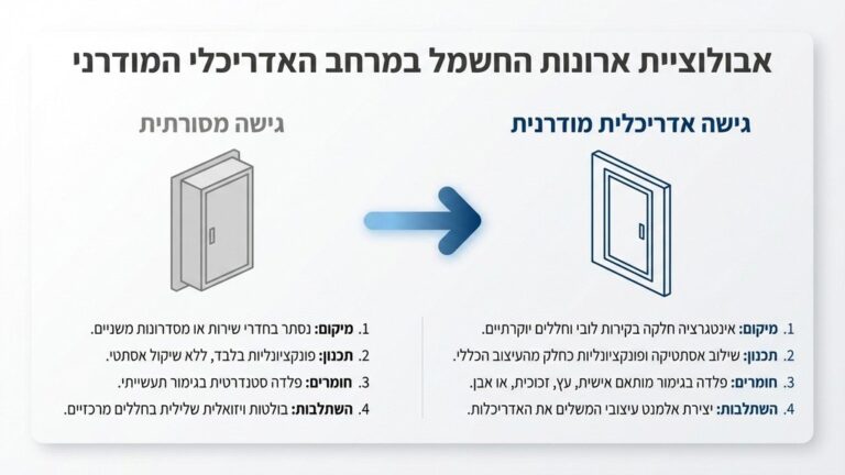 ארון חשמל מעוצב המשתלב בלובי של בניין מודרני