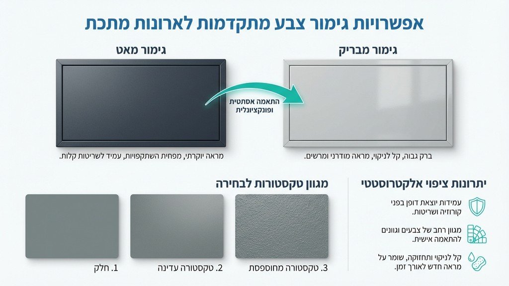 נוצר על ידי מודל בינה מלאכותית Gemini Pro דוגמאות לגימורים וצבעים של ארונות חשמל ממתכת