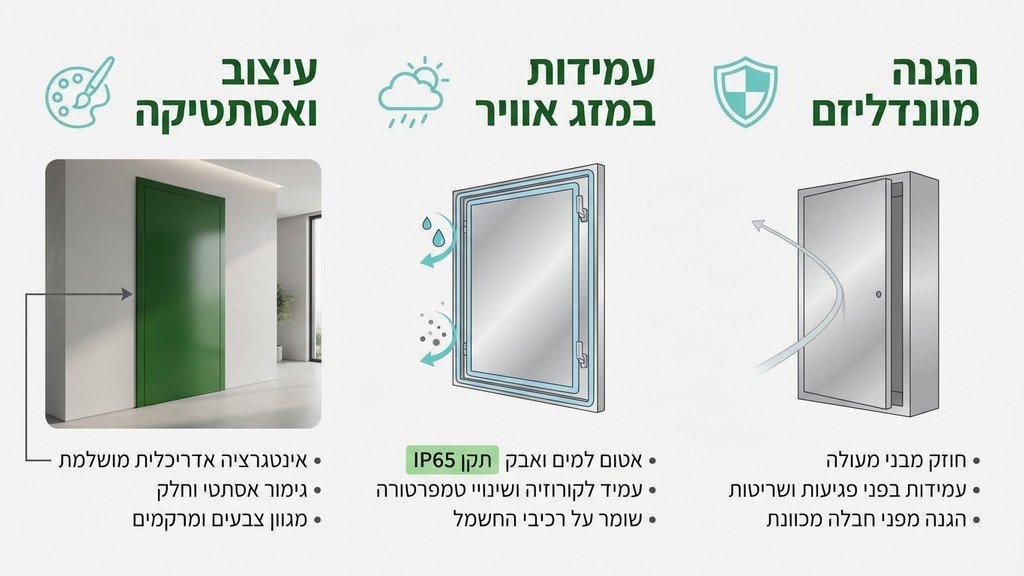 נוצר על ידי מודל בינה מלאכותית Gemini Pro התקנה אסתטית ומקצועית של דלתות מתכת לארון חשמל בבניין מגורים