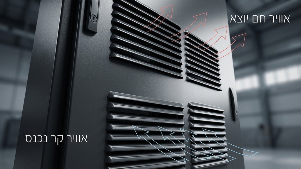 נוצר על ידי מודל בינה מלאכותית Gemini Pro דלתות רפפה ופתחי אוורור המשולבים בארון חשמל ממתכת