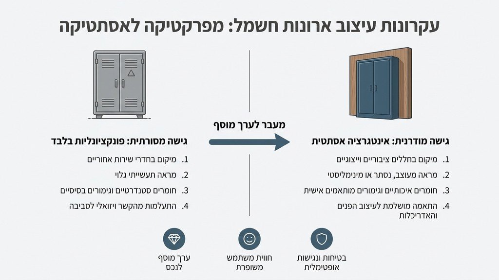 ארון חשמל מעוצב המשתלב בהרמוניה בעיצוב הפנים של לובי יוקרתי