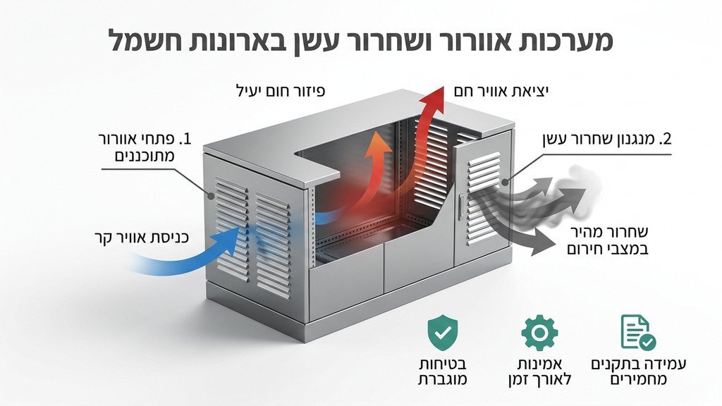 פתחי אוורור ורפפות שחרור עשן בארון חשמל מתכתי