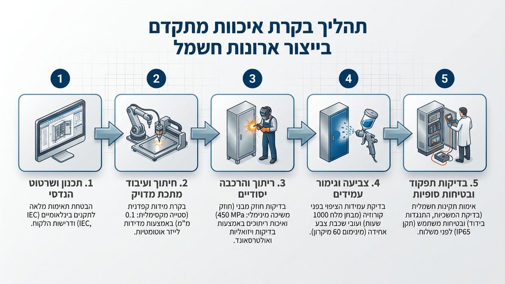 תהליך ייצור מקצועי ובטיחותי של ארונות חשמל ממתכת במפעל
