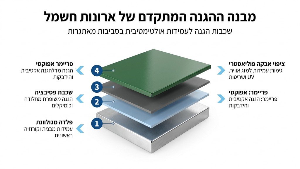 תקריב של מעטפת ארון חשמל מפלדה מגולוונת הצבועה בתנור