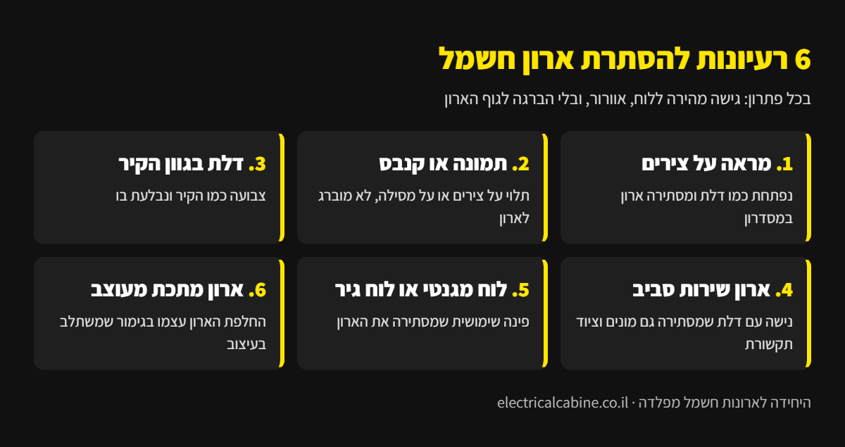 אינפוגרפיקה: 6 רעיונות להסתרת ארון חשמל - מראה על צירים, תמונה, דלת בגוון הקיר, ארון שירות, לוח מגנטי וארון מתכת מעוצב